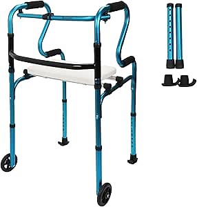 4in1 Walkers for Seniors, Front Wheeled Walker, 2 Wheel Standard Walker with Seat Support to 396 lbs, Lightweight Folding Aluminum Adult Walker, 8 Height Adjustable, Detachable Bath Seat, 2 Ski Glides