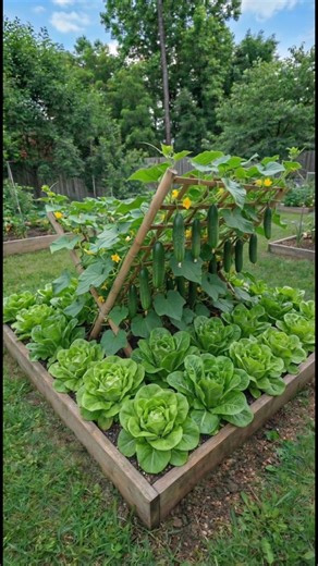 🌿 One Raised Bed. Two Crops. Maximum Harvest. 🥒🥬 What if one simple structure could double your garden’s productivity? This angled trellis turns an ordinary raised bed into a vertical growing system. Cucumbers climb upward, soaking in the sun… while lettuce thrives below in the natural shade. ✔️ More food in the same space ✔️ Better airflow for climbing plants ✔️ Natural shade for leafy greens ✔️ Clean, easy harvesting It starts with a few seedlings and a simple wooden frame. A few weeks late
