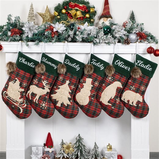 Personalized Christmas Stockings: Farmhouse Style, Red Green Plaid With Silhouette, Rustic Holiday Decor - Etsy