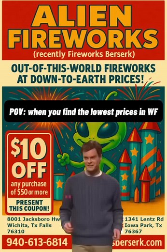 Come see us at Alien Fireworks (previously Fireworks Berserk)!! We have a huge selection at our new storefront located on Jacksboro Highway with ice cold AC! Hungry? We've got you covered. Come grab a bite to eat from old dog Street eats!! #wichitafallstx #iowaparktx #archercitytexas #northtexas #wf #fireworksberserk #alienfireworks #4thofjuly #texasfireworks #doitbig #fallstowntx #