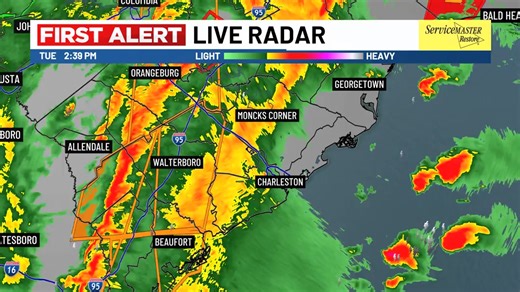 FIRST ALERT// Radar Update// Severe Thunderstorms with heavy rainfall, gusty winds above 40-50 mph and dangerous lightning now moving through the Lowcountry. Expect this to continue to move east. Highest threat now through 6pm. Winds continue later and slowly diminish Wednesday. @live5news tracking and LIVE at 4,5,6 & 7. Download the app today. | Live 5 News