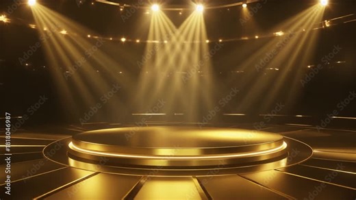 Golden revolving stage with reflective surfaces and sliding highlights forming an elegant animated presentation environment
