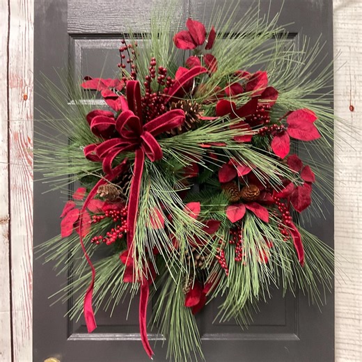 Winter Door Wreath, Pine With Burgundy, Pine Winter Door Wreath, Cranberry Color Wreath, Pine Front Door Wreath, Large Wreath for Winter - Etsy