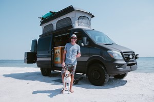 Roomy 4x4 Self Renovated Camper Van w/ Pop Top Bedroom Meet Stu as he gives us a tour of his beautifully converted van. This conversion was done on a low roof, 4WD Sprinter van, with a 144 inch wheel base. Stu wanted a van that was easy to move around & by modifying the roof into a pop-top conversion, he was able to find a way to install all the amenities a longer, high roof van conversion has. Featured in the downstairs of his build is a kitchen with plenty of counter space, a single burner sto