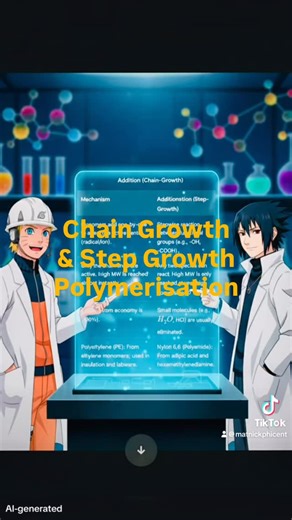 MatNicKφcent on Instagram: "Chain Growth & Step Growth Polymerisation . #polymerisation #condensastion #addition #polymer nylon66 #PET . Examples of Addition Polymers • Polyethylene (PE) • Monomer: Ethylene (CH_2=CH_2). • Process: The double bond is broken by an initiator, allowing ethylene units to link into long hydrocarbon chains. • Application: Packaging, plastic bags, and geomembranes. • Polystyrene (PS) • Monomer: Styrene (CH_2=CH-C_6H_5). • Process: The presence of the phenyl group (C_6H_