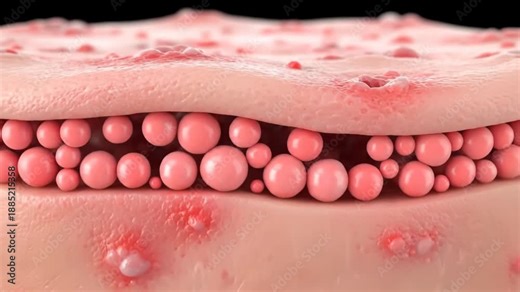 Detailed 3D animation of skin layers, revealing subcutaneous cells and surface inflammation. Visualizing biological processes.