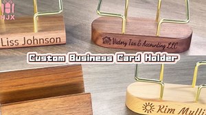 HJX Custom Walnut Business Card Holder Desk - Personalized Wooden & Leather Business Card Holder,Office Desk Organizer with Engraved Company Name Logo,Office Decor Gifts for Men Women (Walnut-T)