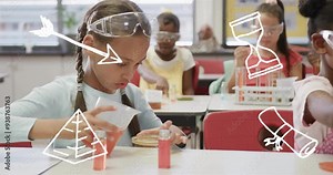 Conducting science experiments with lab equipment, children learning in classroom with animation