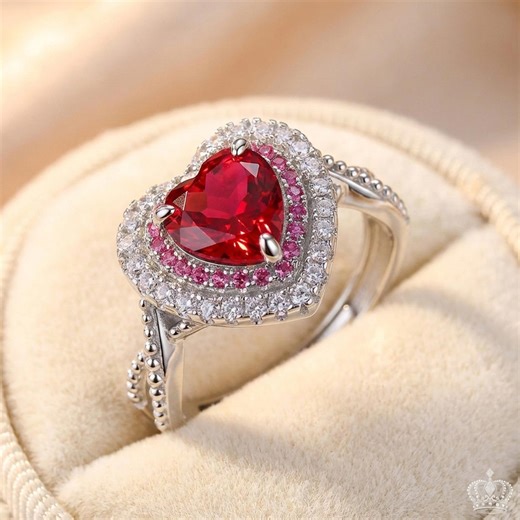 Heart Ruby Ring for Women, Adjustable Red Heart Engagement Ring, Sterling Silver Double Halo Promise Ring, Valentine Gift for Her - Etsy