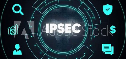 Digital IPSEC concept with icons for security and network on a dark background IPSEC internet protocol security