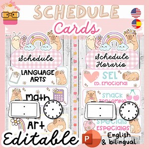 Capybara Schedule Cards| Daily Schedule Pictures & Times| Bilingual| Editable