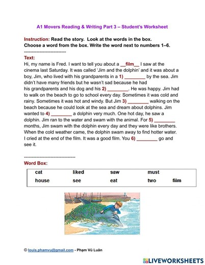 A1 Movers Reading & Writing Part 3 – Student’s Worksheet worksheet