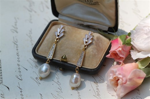 Art Deco Pearl Drop Earrings, Cubic Zirconia, 1920s Bridal Jewelry - Etsy UK