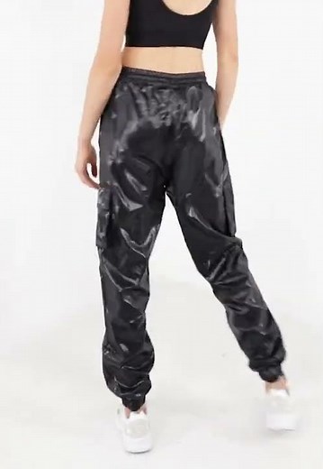 ADIDAS Shiny Nylon Cargo Pants Trackpants Wetlook Sports-Bra Women Black