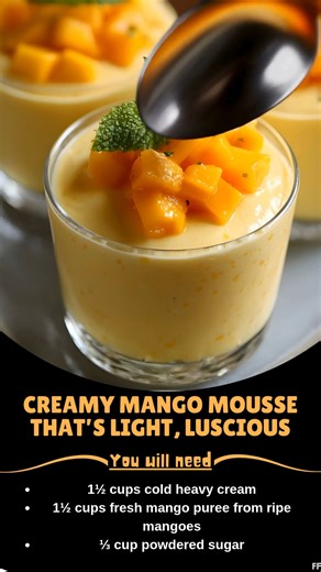 1.2K views | Creamy  Mango Mousse That’s Light, Luscious, and Impossible to Resist Ingredients: 1½ cups cold heavy cream 1½ cups fresh mango puree from ripe mangoes ⅓ cup powdered sugar 3 tablespoons vanilla instant pudding mix Instructions: ..... Full Recipe in Coʍmеոτ   | Mommy Needs A Recipe | Facebook