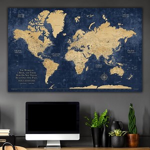 Gold & Navy Textured World Push Pin Map on Premium Canvas With Personalized Legend, Customized Pinboard Office Decor Map for Pinning Travel - Etsy Canada