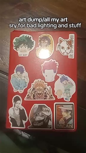 ill get everyones art done soon, trust. im being strangled by my bed #art #sketchbook #stickers #artdump #booktour