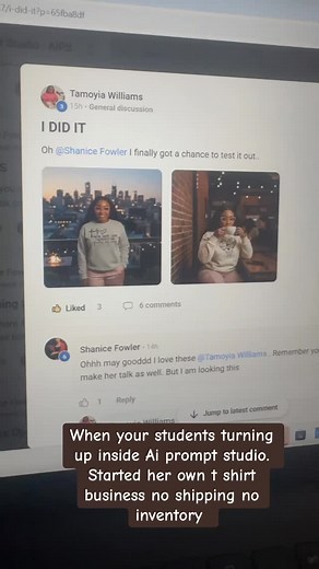 When your students start turning up inside AI Prompt Studio  She launched her own T-shirt business — no shipping, no inventory, zero overwhelm. And yes… she even used the mock-up app inside AI Prompt Studio to drop her design onto her AI twin. Efficiency on another level.” “Comment READY and I’ll send you the link to start your own T-shirt business.” #passiveincome #workfromhome #digitalproducts #makemoneyfromhome #financialfreedom | Shanice Lowe | Facebook