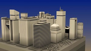 Abstract 3D layout of city. Animation. Model layout and landscape of modern city with high-rises. Modern graphic model of city from all sides on changing background