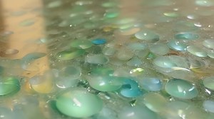 The smooth surface of a recycled glass countertop made from melted down glass bottles and jars..