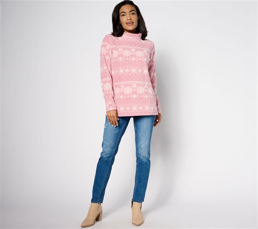 Denim & Co. Regular Printed Fleece Mock Neck Long Sleeve Tunic - QVC.com