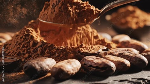 Scooping cocoa powder and beans, rich brown ingredient for chocolate and baking