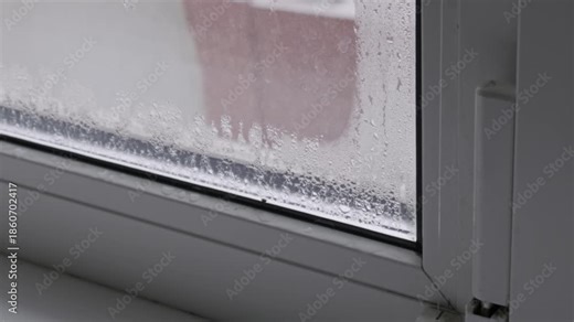 Heavy condensation with water droplets forms on a cold glass window pane. The camera slowly zooms in, showing moisture from high indoor humidity during cold winter weather.