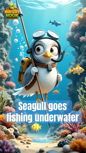 😂 Funny Seagull Goes Fishing Underwater 🌊🐦 | Cute Pixar-Style Cartoon Shorts 🎣🐟✨