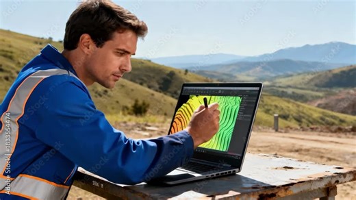 Engineer using 3D site mapping software to assess topographic features and elevation changes in a vast outdoor environment.