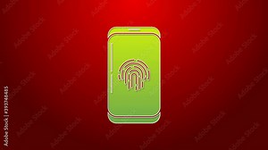 Green line Smartphone with fingerprint scanner icon isolated on red background. Concept of security, personal access via finger on mobile phone. 4K Video motion graphic animation