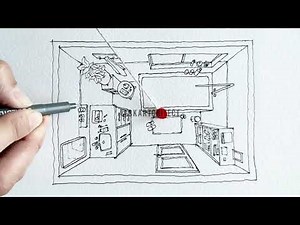 Drawing of a top view of a bathroom in 1 point perspective.