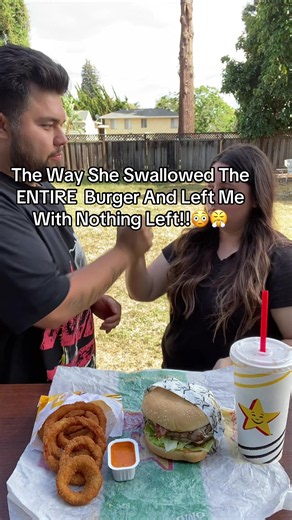 She swallowed the entire burger and left me with nothing left!!😳😤 #rockpaperscissors #couplechallenge #husbandwife #mukbang #fyp