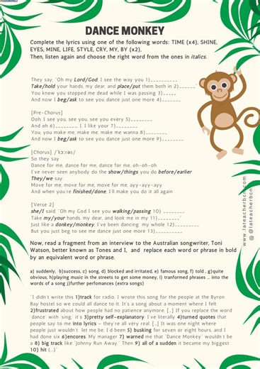 Dance Monkey by Tones and I worksheet