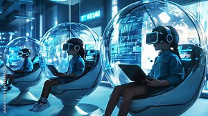 Children wearing virtual reality headsets in high-tech learning pods, concept of digital education and immersive learning experience