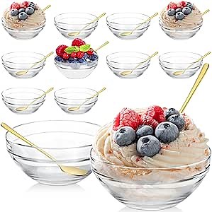 12 Sets 8 oz Small Glass Bowls Dessert Bowls and Gold Stainless Steel Spoons Mini Prep Bowls Clear Serving Bowls Crystal Glass Bowls for Dessert Ice Cream Cereal Salad Snack
