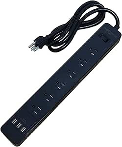 6 Plug Power Strip with USB Ports and Under Desk or Wall mounting - Black