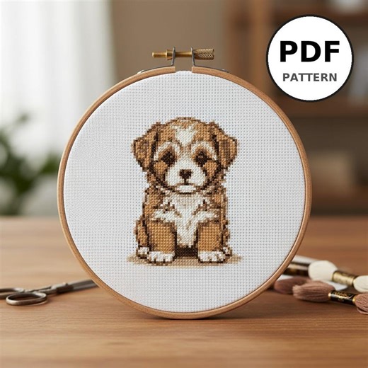 Cute Puppy Cross Stitch Pattern, Small Dog Embroidery Design, Beginner Friendly, 100x100 Stitches, 9 Colors, Instant PDF Download