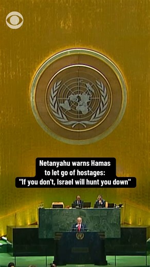 Israel PM Benjamin Netanyahu warned Hamas leaders to free the Oct. 7 hostages or "Israel will hunt you down" during his speech at the United Nations General Assembly on Friday. https://cbsn.ws/4gG9v3g | CBS News