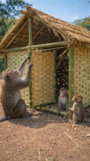 Monkey Builds a House for His Babies After Storm | Beautiful Handmade Bamboo Craft #bamboohouse
