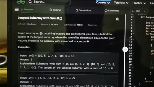 Prince Gupta on Instagram: "GFG(Longest Subarray With Sum K) #daily #dsa #leetcodesolution #leetcode #gfg"