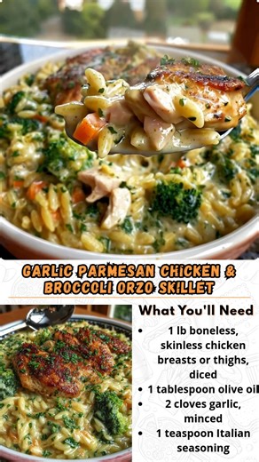 Golden chicken, tender broccoli, buttery orzo, and a creamy Parmesan sauce — this Garlic Parmesan Chicken & Broccoli Orzo Skillet tastes like something you’d order at your favorite café, but made right at home in one pan. Who wants the recipe? | Fascinating Recipes