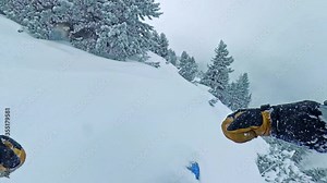 POV Man On Snowboard Extreme Snowboarding Downhill Winter Vacation Freedom Nature Snow Leisure 360 Wide Angle Slow Motion 8k Hdr