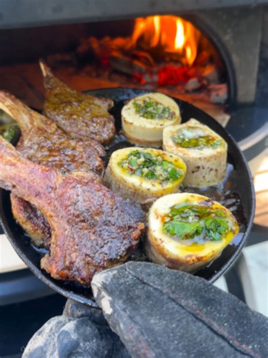 Fire Roasted Lamb Chops Recipe 👇 Recipe: Servings: 4 People Prep: 15 minutes Cook: 10 minutes Lamb: 8-10 Lamb Chops 8-10 Bone Marrow Rounds 2 tbsp Cowboy Butter Canola Oil, as needed Mint Chimichurri: ½ cup Fresh Mint, chopped ½ cup Italian Parsley, chopped 2 garlic cloves, minced ½ cup Olive Oil ¼ cup Red Wine Vinegar 1 tbsp Red Chili Flakes Salt & pepper, to taste Instructions: Slather you Lamb Chops with oil and generously season with my Cowboy Butter Rub. Preheat your oven to 400F. Add a ca