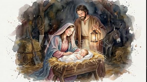 Watercolor animation of the Nativity scene with Mary, Joseph, and Baby Jesus in a stable. Holy Family gathered around the manger with a lantern and donkey. Christian Christmas concept illustration