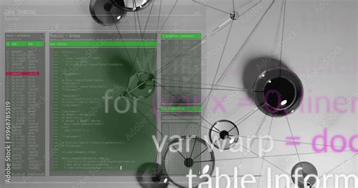 Terminal appearing, code filling panels, spheres rotating and overlays fading, showing layered view