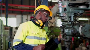 Professional industrial engineer, technician, factory worker wear hard hat, safety glasses. While checking, set up, control machine heavy industry factory. Employee working in manufacturing facility.