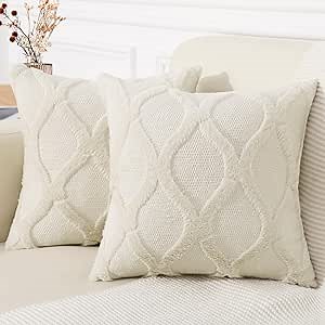 decorUhome Summer Throw Pillow Covers 16x16 Inch Set of 2, Soft Plush Faux Fur Wool Beige Accent Couch Pillow Covers for Modern Farmhouse Bed Sofa Living Room