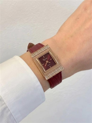 Rose Gold Rectangular Watch Burgundy Dial Crystal Bezel Leather Strap Quartz - Etsy