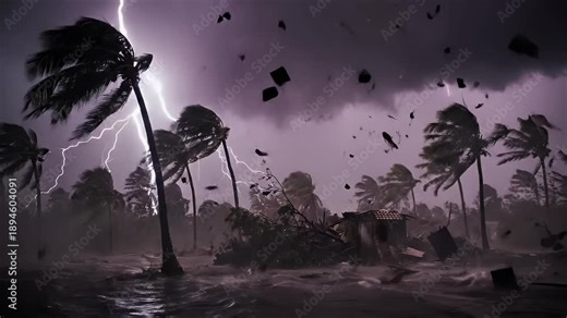 Strong hurricane winds blowing palm trees during a severe storm