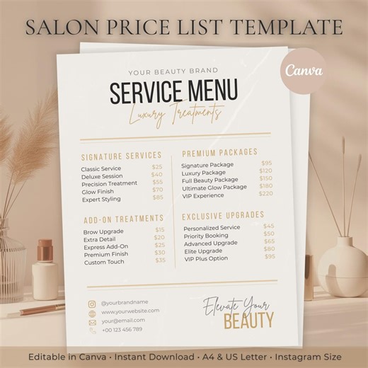 Elegant Beauty Service Menu Canva Template, Luxury Treatments Price List, Signature Deluxe Glow VIP Packages, Beauty Salon Service Menu - Etsy